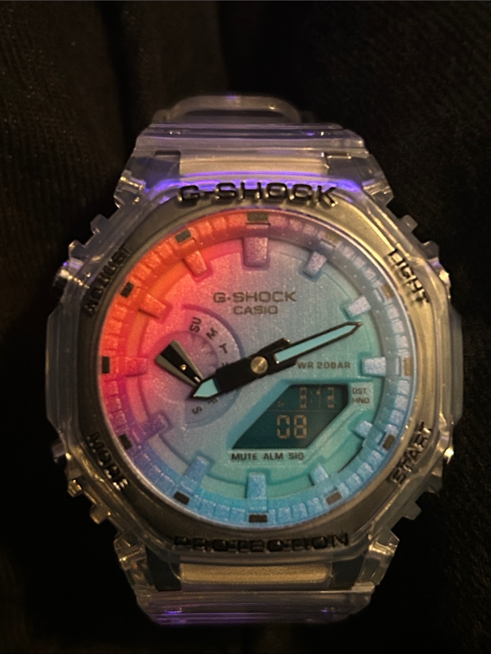 G-Shock Clear Casio Watch with Pink-Orange-Blue Gradient Dial